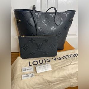 Louis Vuitton Authentic Empreinte Black Neverfull MM Giant Monogram Bag w. Pouch